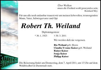 Traueranzeige von Robert Th. Weiland von Darmstädter Echo, Odenwälder Echo, Rüsselsheimer Echo, Groß-Gerauer-Echo, Ried Echo