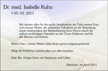 Traueranzeige von Isabelle Kuhn von Darmstädter Echo, Odenwälder Echo, Rüsselsheimer Echo, Groß-Gerauer-Echo, Ried Echo