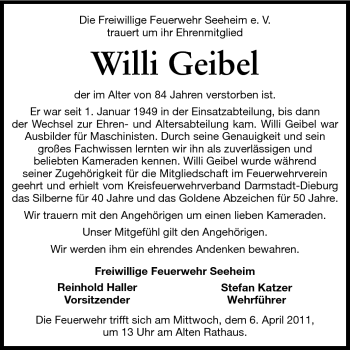 Traueranzeige von Willi Geibel von Darmstädter Echo, Odenwälder Echo, Rüsselsheimer Echo, Groß-Gerauer-Echo, Ried Echo