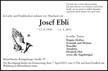Traueranzeige von Josef Ebli von Rüsselsheimer Echo, Groß-Gerauer-Echo, Ried Echo