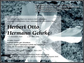Traueranzeige von Herbert Otto Hermann Gehrke von Rüsselsheimer Echo, Groß-Gerauer-Echo, Ried Echo