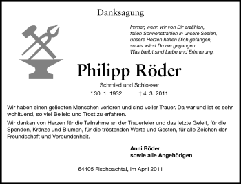 Traueranzeige von Philipp Röder von Darmstädter Echo, Odenwälder Echo, Rüsselsheimer Echo, Groß-Gerauer-Echo, Ried Echo