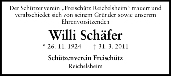 Traueranzeige von Willi Schäfer von Odenwälder Echo
