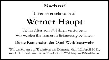 Traueranzeige von Werner Haupt von Rüsselsheimer Echo, Groß-Gerauer-Echo, Ried Echo