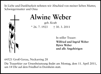 Traueranzeige von Alwine Weber von Rüsselsheimer Echo, Groß-Gerauer-Echo, Ried Echo
