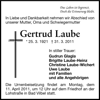 Traueranzeige von Gertrud Laube von Echo-Zeitungen (Gesamtausgabe)