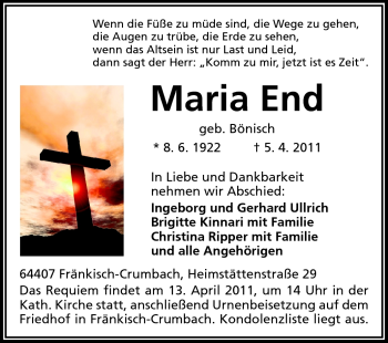 Traueranzeige von Maria End von Odenwälder Echo