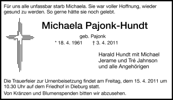 Traueranzeige von Michaela Pajonk-Hundt von Echo-Zeitungen (Gesamtausgabe)