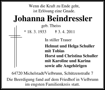 Traueranzeige von Johanna Beindressler von Odenwälder Echo