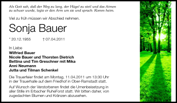Traueranzeige von Sonja Bauer von Echo-Zeitungen (Gesamtausgabe)