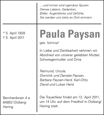 Traueranzeige von Paula Paysan von Echo-Zeitungen (Gesamtausgabe)