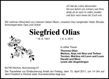Traueranzeige von Siegfried Olias von Odenwälder Echo