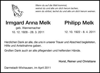Traueranzeige von Irmgard Anna Melk von Echo-Zeitungen (Gesamtausgabe)