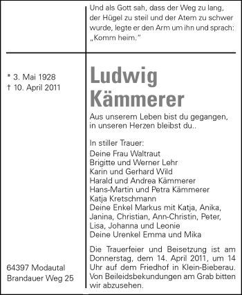 Traueranzeige von Ludwig Kämmerer von Echo-Zeitungen (Gesamtausgabe)