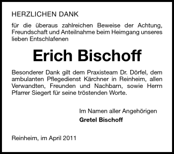 Traueranzeige von Erich Bischoff von Darmstädter Echo, Odenwälder Echo, Rüsselsheimer Echo, Groß-Gerauer-Echo, Ried Echo
