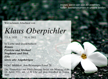 Traueranzeige von Klaus Oberpichler von Darmstädter Echo, Odenwälder Echo, Rüsselsheimer Echo, Groß-Gerauer-Echo, Ried Echo