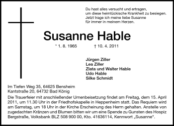 Traueranzeige von Susanne Hable von Starkenburger Echo