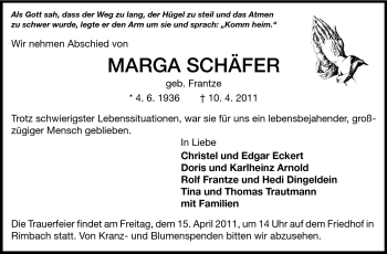 Traueranzeige von Marga Schäfer von Starkenburger Echo