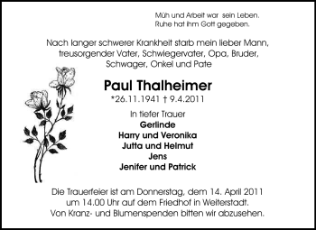 Traueranzeige von Paul Tahlheimer von Echo-Zeitungen (Gesamtausgabe)