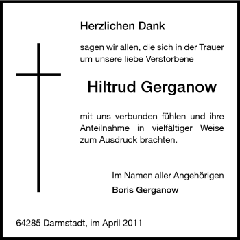 Traueranzeige von Hiltrud Gerganow von Darmstädter Echo, Odenwälder Echo, Rüsselsheimer Echo, Groß-Gerauer-Echo, Ried Echo