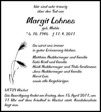 Traueranzeige von Lohnes Margit von Odenwälder Echo
