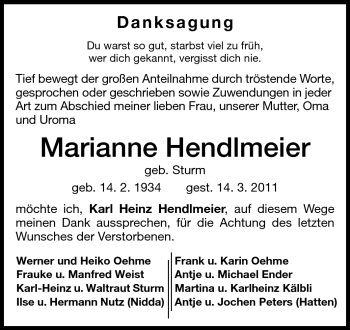 Traueranzeige von Marianne Hendlmeier von Rüsselsheimer Echo, Groß-Gerauer-Echo, Ried Echo