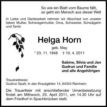 Traueranzeige von Helga Horn von Echo-Zeitungen (Gesamtausgabe)