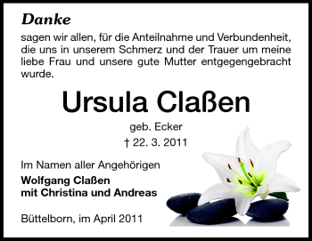 Traueranzeige von Ursula Claßen von Rüsselsheimer Echo, Groß-Gerauer-Echo, Ried Echo