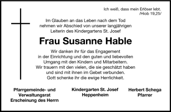 Traueranzeige von Susanne Hable von Starkenburger Echo
