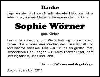 Traueranzeige von Sophie Wörner von Odenwälder Echo