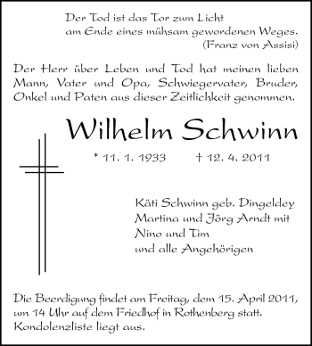 Traueranzeige von Wilhelm Schwinn von Odenwälder Echo