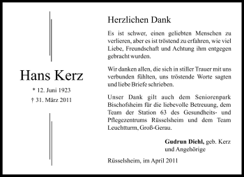 Traueranzeige von Hans Kerz von Rüsselsheimer Echo, Groß-Gerauer-Echo, Ried Echo
