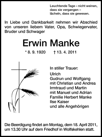 Traueranzeige von Erwin Manke von Rüsselsheimer Echo, Groß-Gerauer-Echo, Ried Echo