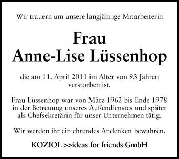 Traueranzeige von Anne-Lise Lüssenhop von Odenwälder Echo