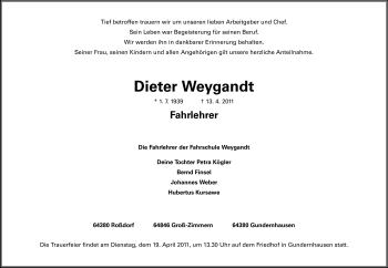 Traueranzeige von Dieter Weygandt von Echo-Zeitungen (Gesamtausgabe)