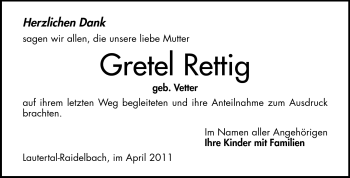 Traueranzeige von Gretel Rettig von Odenwälder Echo