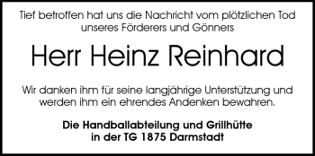 Traueranzeige von Heinz Reinhard von Echo-Zeitungen (Gesamtausgabe)