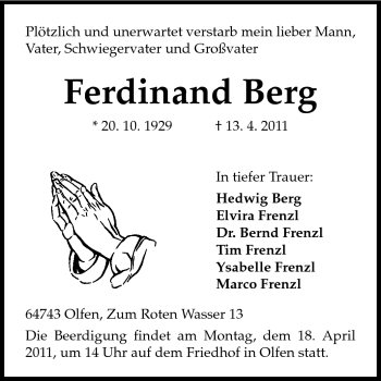 Traueranzeige von Ferdinand Berg von Odenwälder Echo