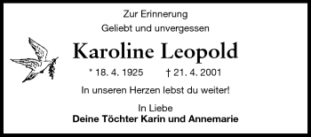 Traueranzeige von Karoline Leopold von Odenwälder Echo