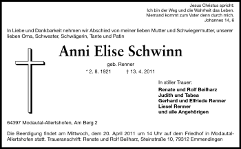 Traueranzeige von Anni Elise Schwinn von Echo-Zeitungen (Gesamtausgabe)