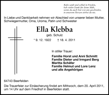 Traueranzeige von Ella Klebba von Odenwälder Echo