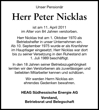 Traueranzeige von Peter Nicklas von Echo-Zeitungen (Gesamtausgabe)