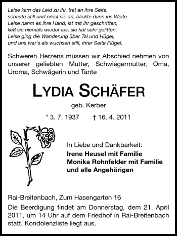 Traueranzeige von Lydia Schäfer von Odenwälder Echo