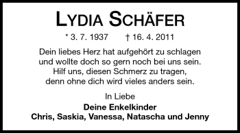 Traueranzeige von Lydia Schäfer von Odenwälder Echo