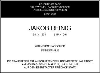 Traueranzeige von Jakob Reinig von Darmstädter Echo, Odenwälder Echo, Rüsselsheimer Echo, Groß-Gerauer-Echo, Ried Echo