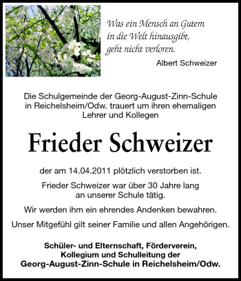 Traueranzeige von Frieder Schweizer von Odenwälder Echo