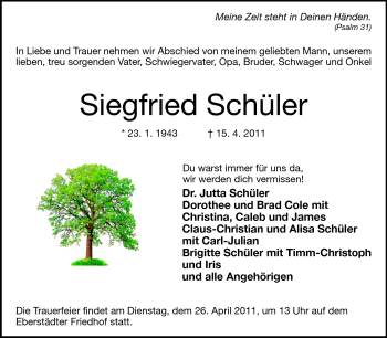 Traueranzeige von Siegfried Schüler von Darmstädter Echo, Odenwälder Echo, Rüsselsheimer Echo, Groß-Gerauer-Echo, Ried Echo
