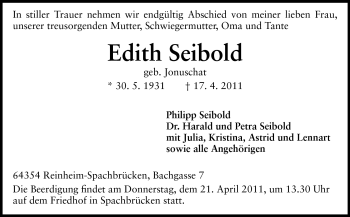 Traueranzeige von Edith Seibold von Darmstädter Echo, Odenwälder Echo, Rüsselsheimer Echo, Groß-Gerauer-Echo, Ried Echo