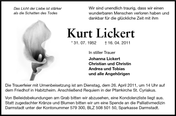 Traueranzeige von Kurt Lickert von Darmstädter Echo, Odenwälder Echo, Rüsselsheimer Echo, Groß-Gerauer-Echo, Ried Echo