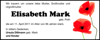 Traueranzeige von Elisabeth Mark von Darmstädter Echo, Odenwälder Echo, Rüsselsheimer Echo, Groß-Gerauer-Echo, Ried Echo
